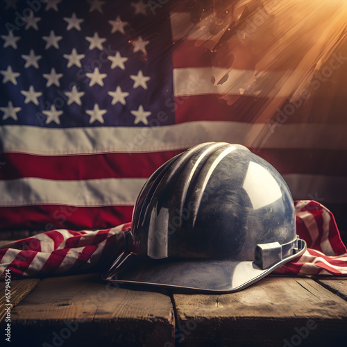 A construction hard helmet with an American Flag background. Represents industry in the USA. Generative ai. 