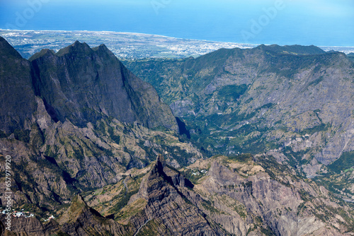 Mountain ranges in Reunion Island from above