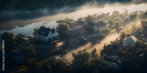 Morning mist over Harpers Ferry town Potomac river Blue Ridge Mountains drone view after rain rural American houses volumetric lighting reflections on a clear water sunny day beautifully color 