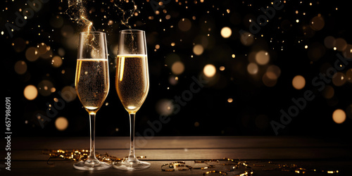 New year's eve celebration card background texture with champagne, confetti and large space for text