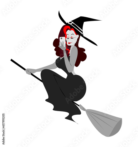  Witch riding a gravel stick and taking a selfie.Illustration woman on isolate background.Halloween concept.Not made from AI.