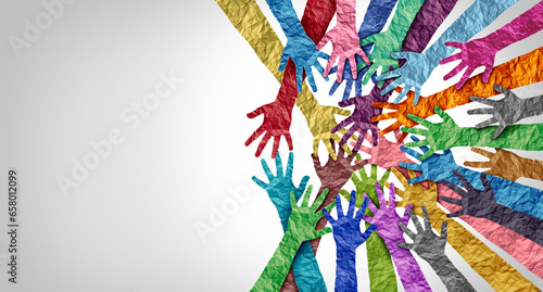 Belonging and inclusion concept as a symbol of acceptance and integration with diversity and support of different cultures as diverse races and unity symbol holding hands together.