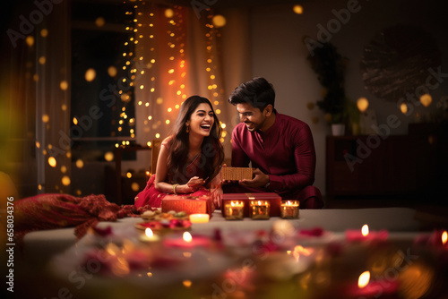 indian couple celebrating diwali festival.