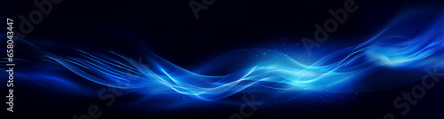 Abstract background with asymmetrical glowing translucent blue wave and on shimmering dots black backdrop