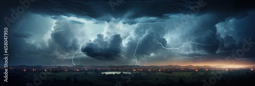 Panorama Dark cloud at night with thunder bolt. Heavy storm bringing thunder, lightnings and rain in summer.