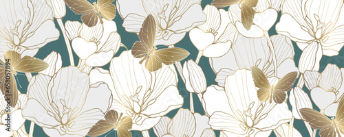 Luxury floral turquoise background with white tulips and golden butterflies. Beautiful background for creating wallpapers, covers, cards and presentations