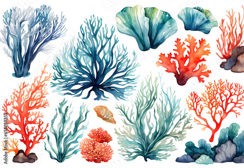 Set of watercolor seaweed and corals isolated on transparent background