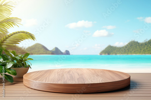 Empty wooden round podium on wooden floor with sea, island and beach background. High quality photo