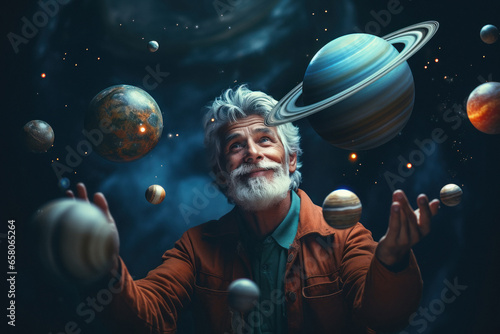 Senior man playing with planet in galaxy