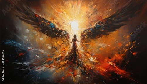 a painting of an abstract rainbow colored angel