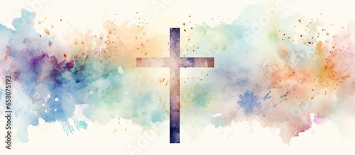 Christian cross clipart with watercolor Easter theme border and banner