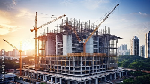 Construction site with cranes and building under construction, panoramic view