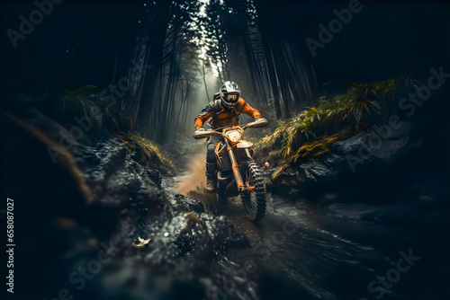 Many professional motorcyclists in full motorcycle equipment ride a crows enduro bike on a mountain road at sunset. The concept of motorsport, speed, hobbies, travel, outdoor activities.