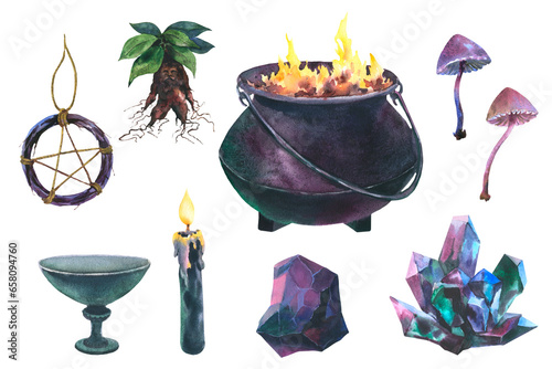Watercolor magic elements, Witch Cauldron, candle, pentagram symbol and crystal. Hand painted illustration of Caldron with fire for Halloween clip art. Isolated sketch on white background.