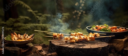 Forest outdoor cooking pancakes roasted chicken and chicken skewers