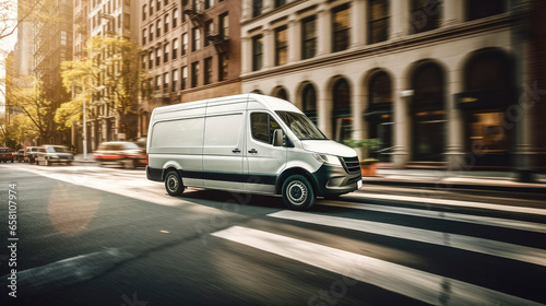 commercial delivery van moving fast in the city - distribution, logistics and delivery business concept