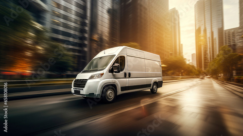 commercial delivery van moving fast in the city - distribution, logistics and delivery business concept