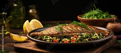 Italian dish Grilled sea bass fillet with vegetable tabouleh on a ceramic plate accompanied by olives olive oil and buckwheat bread