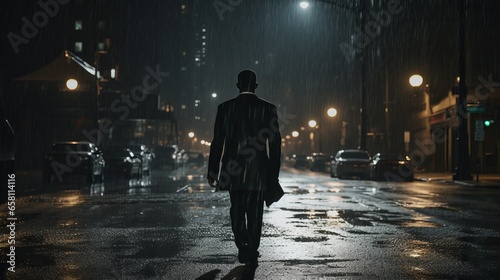 a lonely tall man in black jacket on rainy street