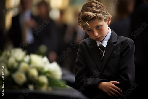 Portrait of a boy in a black suit with a funeral bouquet of flowers
