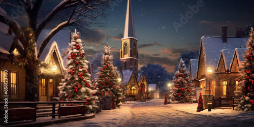 a christmas tree is decorated nearby a church in a town