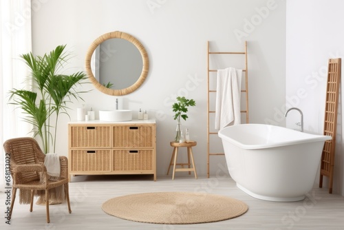 Boho style bathroom interior with rattan furniture and greenery filled with light