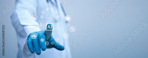Medical worker touch virtual medical revolution and advance of technology Artificial Intelligence,AI Deep Learning for medical research,Transformation of innovation and technology for future Health