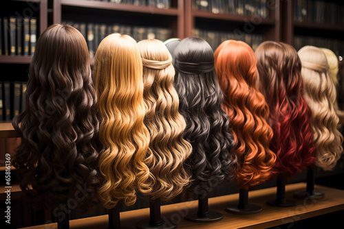 lots of woman's wigs in shop with wavy hair