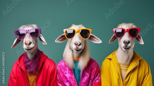Goats wearing human clothes. Abstract art background copyspace concept.