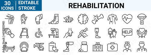 Set of 30 line icons Physiotherapy, rehabilitation, prosthetics. editable stroke Vector illustration