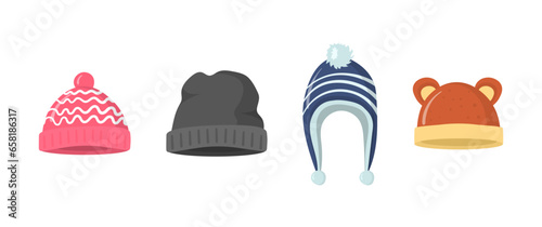 Knitted hat, caps for girls and boys in cold weather isolated on white background. Collection of winter or autumn hats in flat style. Web page design element icon. Vector illustration, eps 10.