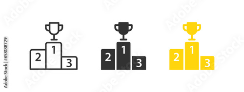 Champion podium icon. Winner pedestal symbol. First place signs. Trophy prize symbols. Award for 1st place icons. Black, yellow color. Vector sign.