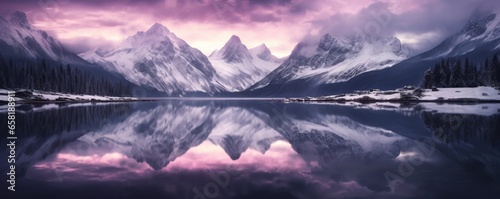 Snow morning at mountain lake. Snowy mountains, blue sea, reflection in water and purple sky at colorful sunset. Ideal resting place. Beauty of nature concept background