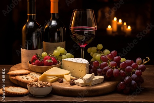 A romantic evening with a glass of rich, velvety Pinot Noir wine, perfectly paired with a gourmet cheese platter, under the soft glow of candlelight