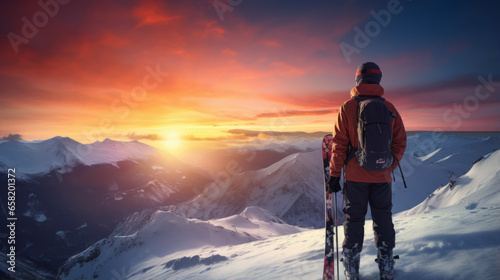 Skier Young man having fun on weekend activity in ski resort vacation - Winter sport concept. Standing proud on a snowy mountain top