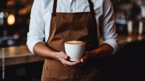 Barista woman in apron holding cup of coffee with latte art and presenting it to camera at small cafe