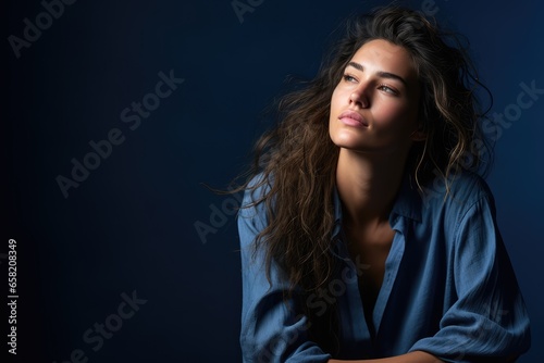 Woman lost in deep thought against a contemplative indigo background - Reflective solitude - Studio Background - AI Generated