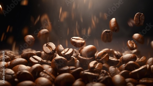 Falling coffee beans in motion close up
