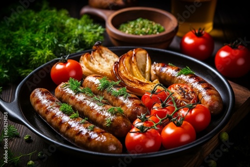 Delicious grilled sausages meal with onion, tomatoes, garlic, bread, and herbs. Generative AI