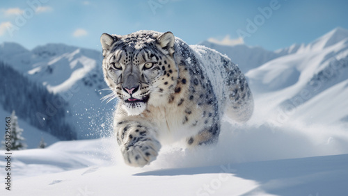 Dynamic view of a snow leopard running towards its prey in the snow.