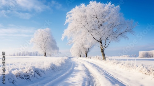 A muddy path guiding towards frost-covered woods through snow-covered fields beneath a blue sky adorned with fluffy white clouds.
