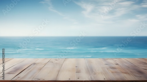 empty table top on blur sea background 