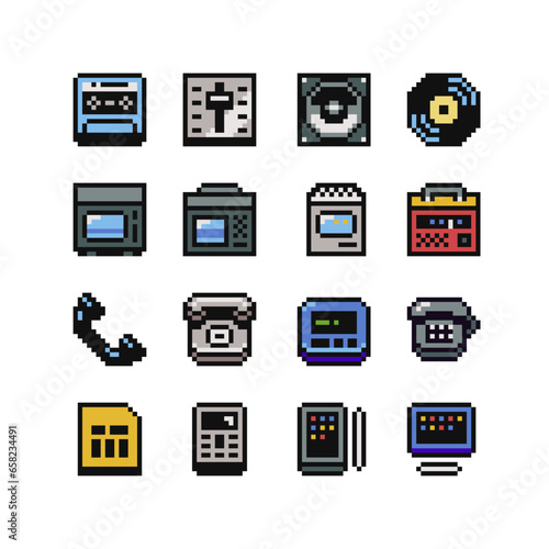 Retro devices pixel art icon old set school 80s flat style, radio, CD player, TV, radio, handset, tablet, speaker. Game assets 8-bit sprite, sticker, mobile app and logo. Isolated vector illustration.