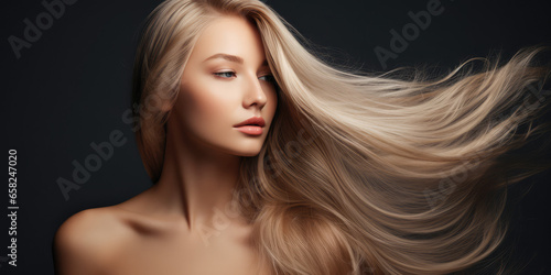 a beautiful woman blowing her long blonde hair on a grey background, concept of Beauty and hair care with keratin