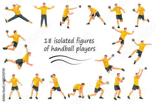 Set of 18 vector isolated figures of handball players and goalkeepers in yellow sports t-shirts jumping, running, catching the ball, standing