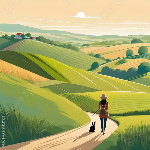 illustration of a person and their pet rabbit taking a peaceful countryside