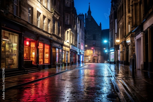 Nighttime photo of Victoria Street in Edinburgh. Generative AI