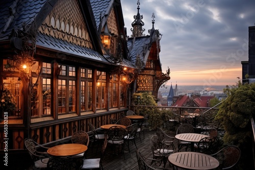 Beautiful view of the town with roof top restaurant or cafe . Old architecture 