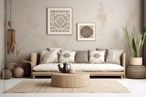 Modern boho interior design of living room with design rattan armchair, gray sofa, coffee table, beige macrame, plants and elegant accessories. Stylish home decor. Abstract paintings. Template.