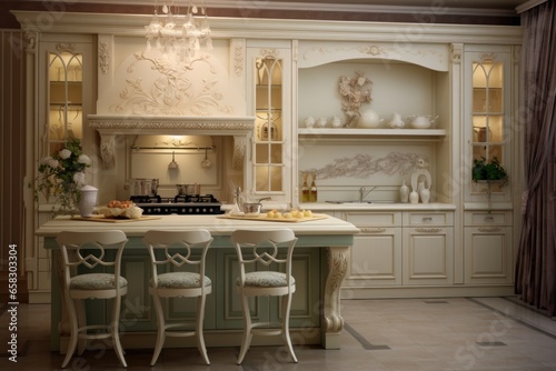 Luxury classic modern kitchen in eggshell color or luxury beige. 